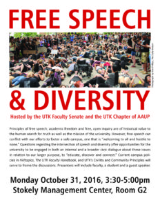 Pic of Free Speech & Diversity flyer. Image of students lying on Pedestrian Walkway during die-in protest. Text: Principles of free speech, academic freedom and free, open inquiry are of historical value to the human search for truth as well as the mission of the university. However, free speech can conflict with our efforts to foster a safe campus, one that is “welcoming to all and hostile to none.” Questions regarding the intersection of speech and diversity offer opportunities for the university to be engaged in both an internal and a broader civic dialogue about these issues in relation to our larger purpose, to “educate, discover and connect.” Current campus poli-cies in Hilltopics, The UTK Faculty Handbook, and UTK’s Civility and Community Principles will serve to frame the discussions. Presenters will include faculty, a student and a guest speaker.
